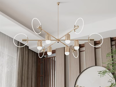 Modern Chandelier Featuring Golden Frame Circular Rings And White Bulbs In Interior 3d model