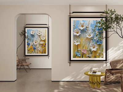 Floral Plant Paintings Decorate Modern Interior With Arch And Furniture 3d model