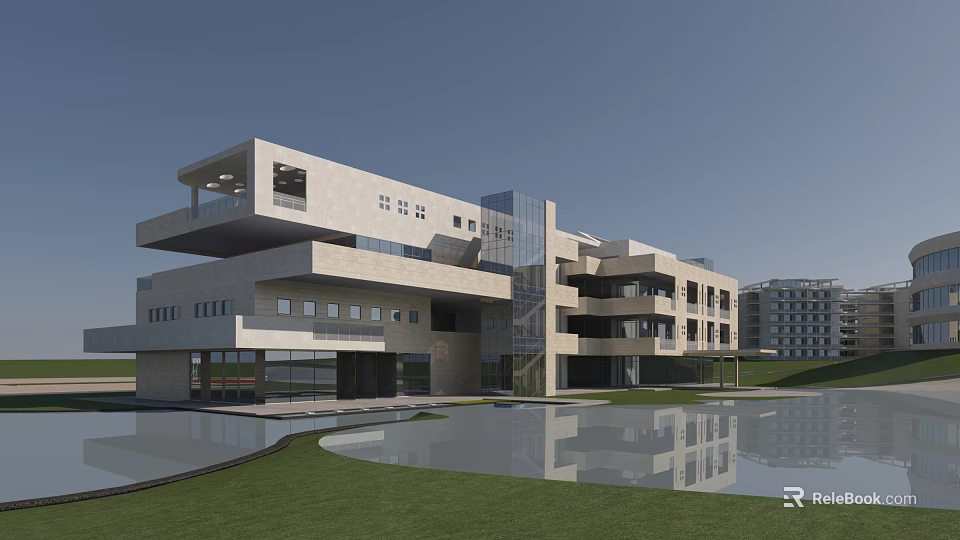 Modern Office Building Architectural Design With Water Pond Green Lawn And Reflections 3d model 