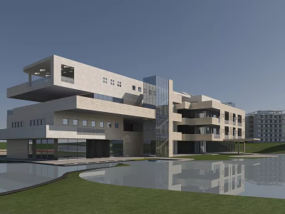 Modern Office Building Architectural Design With Water Pond Green Lawn And Reflections 3d model