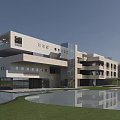 Modern Office Building Architectural Design With Water Pond Green Lawn And Reflections
