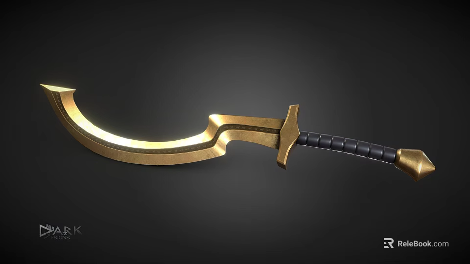 Golden Curved Sword With Shiny Metallic Blade And Black Handle Design 3d model 