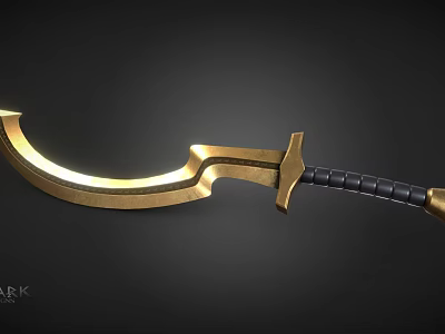 Golden Curved Sword With Shiny Metallic Blade And Black Handle Design 3d model
