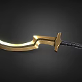 Golden Curved Sword With Shiny Metallic Blade And Black Handle Design