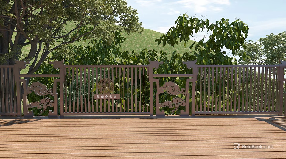 Garden Landscape With Metal Railing Decorative Patterns Trees Green Hillside And Wooden Floor 3d model 