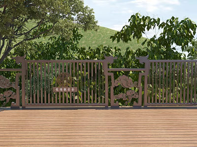 Garden Landscape With Metal Railing Decorative Patterns Trees Green Hillside And Wooden Floor 3d model
