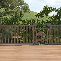 Garden Landscape With Metal Railing Decorative Patterns Trees Green Hillside And Wooden Floor