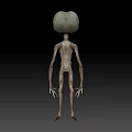 Man in Alien Costume with Large Eyes and Slender Body on Black Background