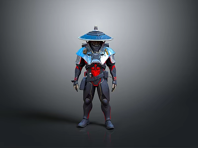 Detailed Futuristic Warrior Armor Design With Blue Red Accents And Conical Hat 3d model