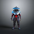 Detailed Futuristic Warrior Armor Design With Blue Red Accents And Conical Hat