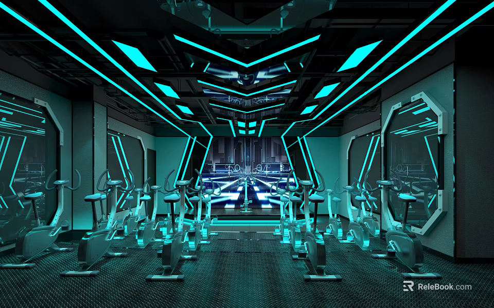 Futuristic Gym Interior Design With Neon Lights And Spin Bikes Equipment 3d model 