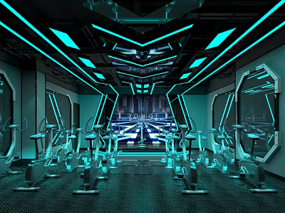 Futuristic Gym Interior Design With Neon Lights And Spin Bikes Equipment 3d model