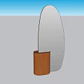 Oval Shaped Decorative Mirror with Natural Wooden Base and Light Blue Gray Background