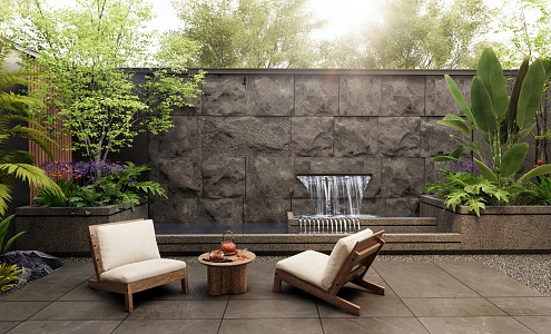 Courtyard falling water view wall rockery waterscape outdoor table and chairs plant combination rubble wall 3d model