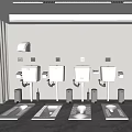 Row of White Wall Mounted Squat Toilets with Metal Bins Gray Floor and Ceiling Lights