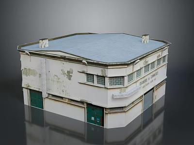Two Story Building With Blue Roof Weathered Walls Green Doors Grid Windows On Market Street 3d model