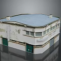 Two Story Building With Blue Roof Weathered Walls Green Doors Grid Windows On Market Street