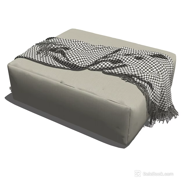Comfortable Gray Ottoman With Soft Black And White Checkered Blanket And Tassels 3d model 
