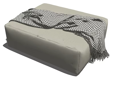 Comfortable Gray Ottoman With Soft Black And White Checkered Blanket And Tassels 3d model