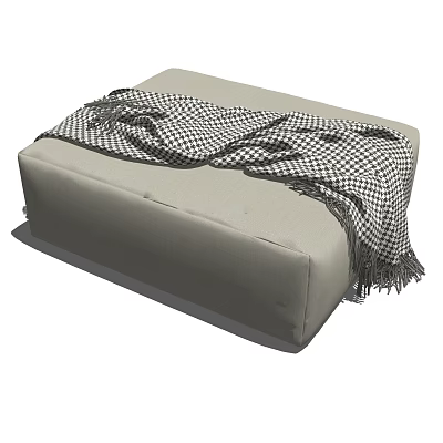 Comfortable Gray Ottoman With Soft Black And White Checkered Blanket And Tassels 3d model