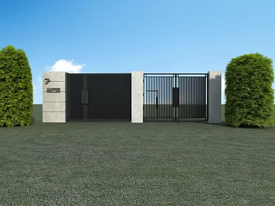 Modern Black Entrance Gate With Glass Panels Concrete Walls And Green Bushes 3d model