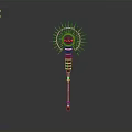 Mystical Staff Weapon Featuring Sunburst Design Central Eye Red Gold Accents and Intricate Carvings