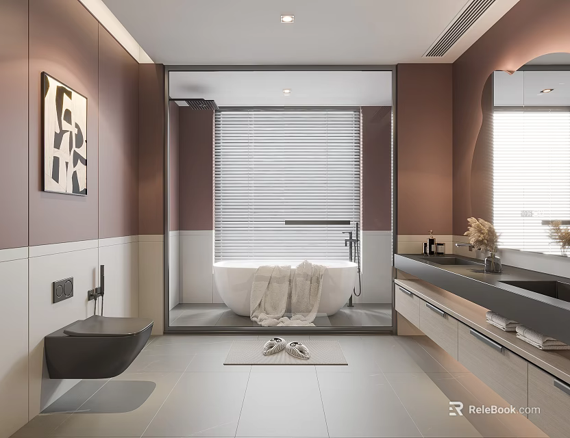 Modern Bathroom Interior Design With White Bathtub Towels Double Sinks Blinds And Brown Walls 3d model 