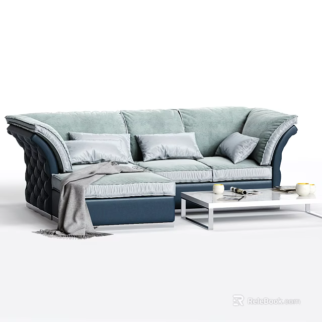 Light Blue Sectional Sofa with Dark Blue Accents Gray Pillows Throw Blanket and Coffee Table 3d model 