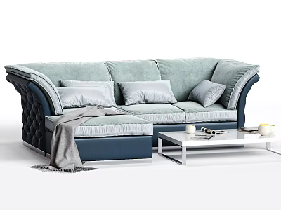 Light Blue Sectional Sofa with Dark Blue Accents Gray Pillows Throw Blanket and Coffee Table 3d model