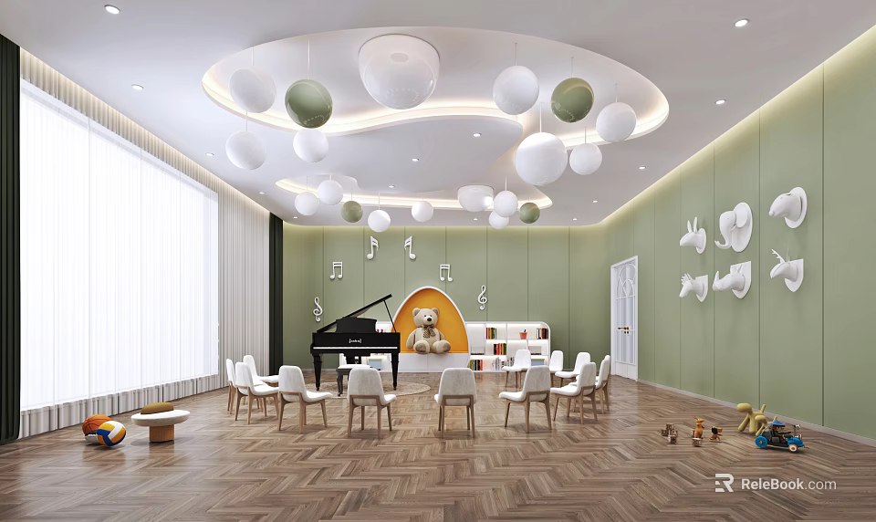 Bright Kindergarten Classroom With Green Walls Ceiling Lights Piano Reading Corner White Chairs And Toys 3d model 