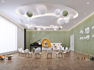 Bright Kindergarten Classroom With Green Walls Ceiling Lights Piano Reading Corner White Chairs And Toys 3d model