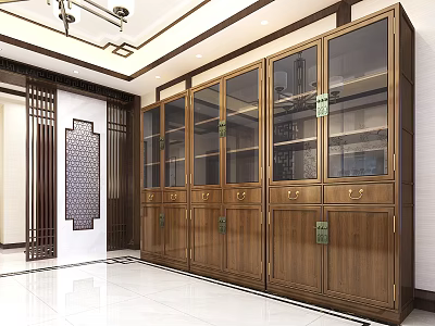 Chinese Style Wooden Display Storage Cabinet With Glass Doors And Brass Handles In Traditional Interior 3d model