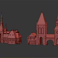 Ancient Historic Architecture With Stone Towers Pointed Spires Arched Doors And Classic Design