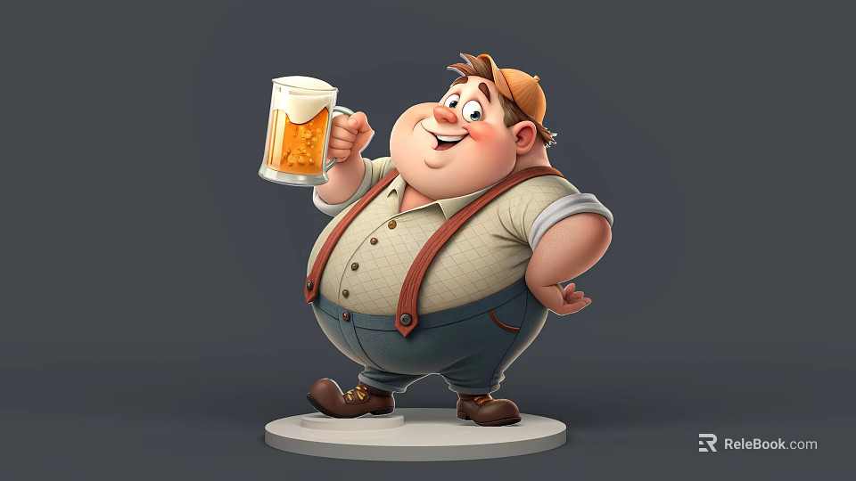 Happy Chubby Man Holding Beer Mug Wearing Brown Cap And Blue Suspenders 3d model 