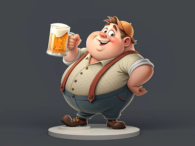 Happy Chubby Man Holding Beer Mug Wearing Brown Cap And Blue Suspenders 3d model