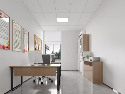 Modern Office Interior With Wooden Desk Computer Wheeled Chair Bulletin Boards Cabinets And Natural Light 3d model