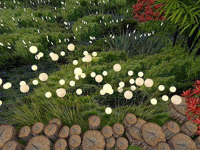 Outdoor Round Lights Illuminating Garden With Green Plants Red Flowers And Wooden Logs 3d model