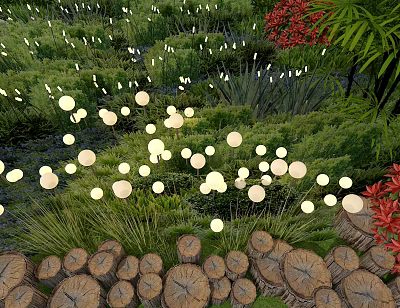 Outdoor Round Lights Illuminating Garden With Green Plants Red Flowers And Wooden Logs 3d model