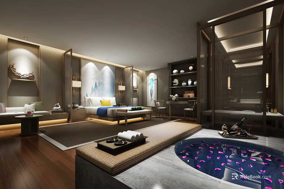 Luxurious Modern Hotel Guest Room With Bathtub Flower Petals And Elegant Decor 3d model 