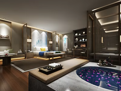 Luxurious Modern Hotel Guest Room With Bathtub Flower Petals And Elegant Decor 3d model