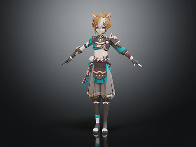 Cat Eared Blonde Character In Ornate Outfit With Blue Brown Details And Legwear 3d model