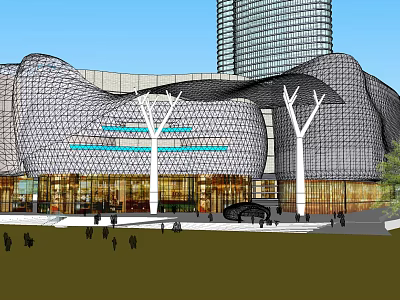Modern Commercial Complex With Unique Facade Glass Curtain Wall And Pedestrian Activity 3d model