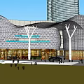Modern Commercial Complex With Unique Facade Glass Curtain Wall And Pedestrian Activity