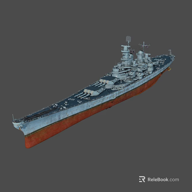 Military Battleship With Gray And Red Hull Featuring Turrets And Superstructure 3d model