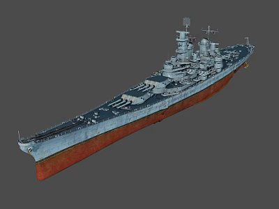 Military Battleship With Gray And Red Hull Featuring Turrets And Superstructure 3d model