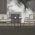 Casual Sofa Set with Two Armchairs Coffee Table Fireplace and Marble Mural on Wooden Wall