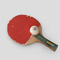 Worn Red Table Tennis Racket With Green Handle Yellow Label And White Ping Pong Ball