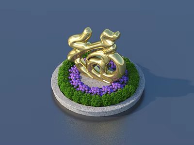 Golden Fu Character Garden Ornament On Circular Stone Base With Green Grass Purple Flowers 3d model
