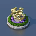 Golden Fu Character Garden Ornament On Circular Stone Base With Green Grass Purple Flowers