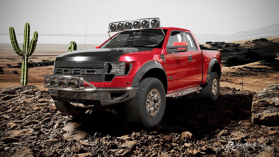 Red Pickup Truck On Off Road Terrain With Roof Lights 3d model 